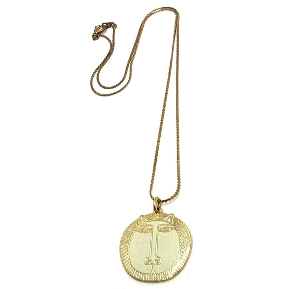Vintage 1985 Laurel Burch MOON TIGER Pendant Cream Enamel in Gold Tone 16" Rare